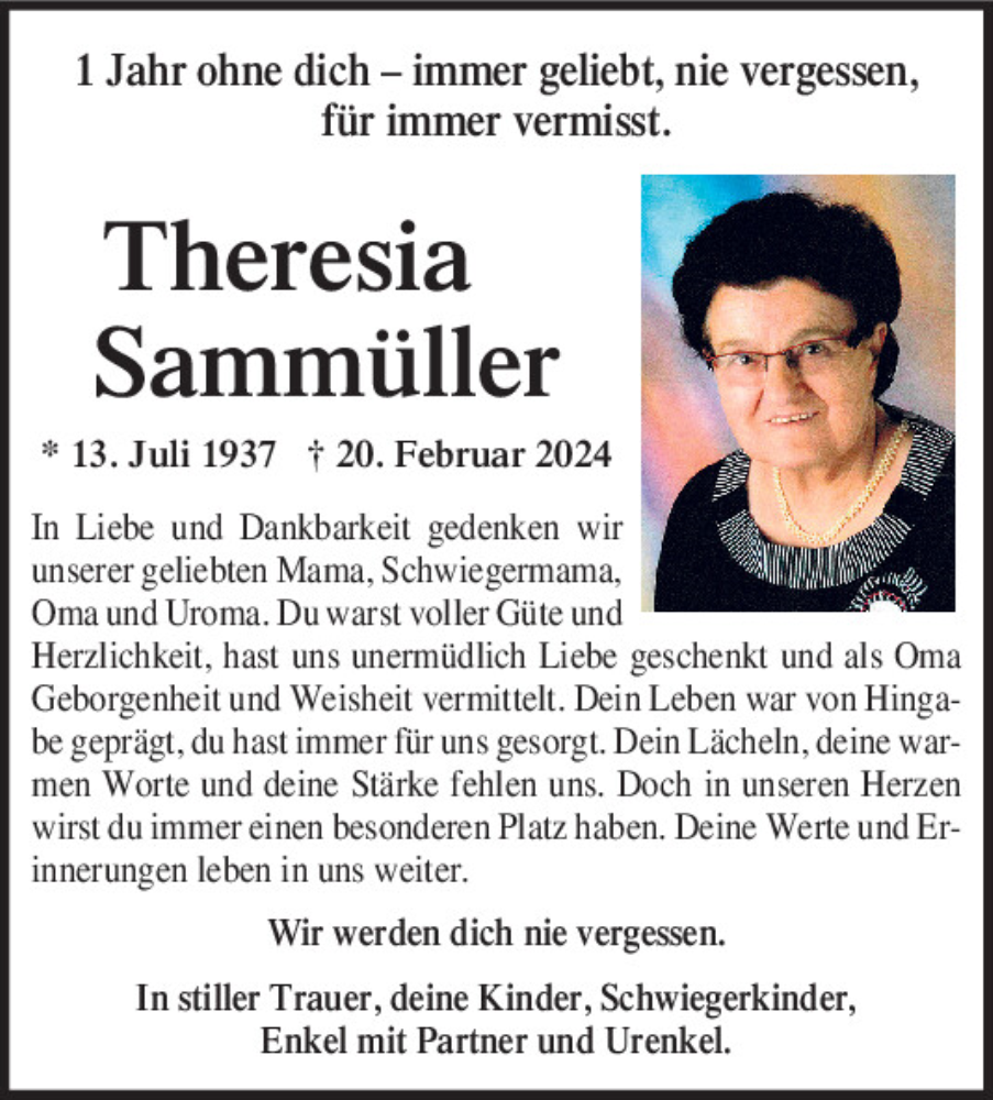  Traueranzeige für Theresia Sammüller vom 20.02.2025 aus Neumarkter Tagblatt