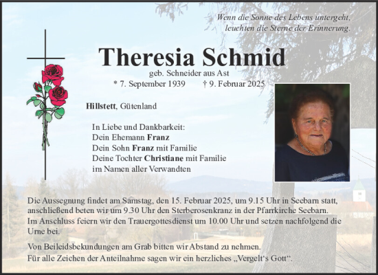 Traueranzeige von Theresia Schmid von Bayerwald Echo