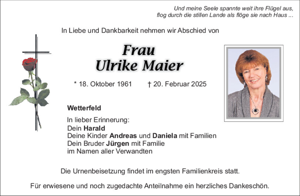  Traueranzeige für Ulrike Maier vom 25.02.2025 aus Bayerwald Echo