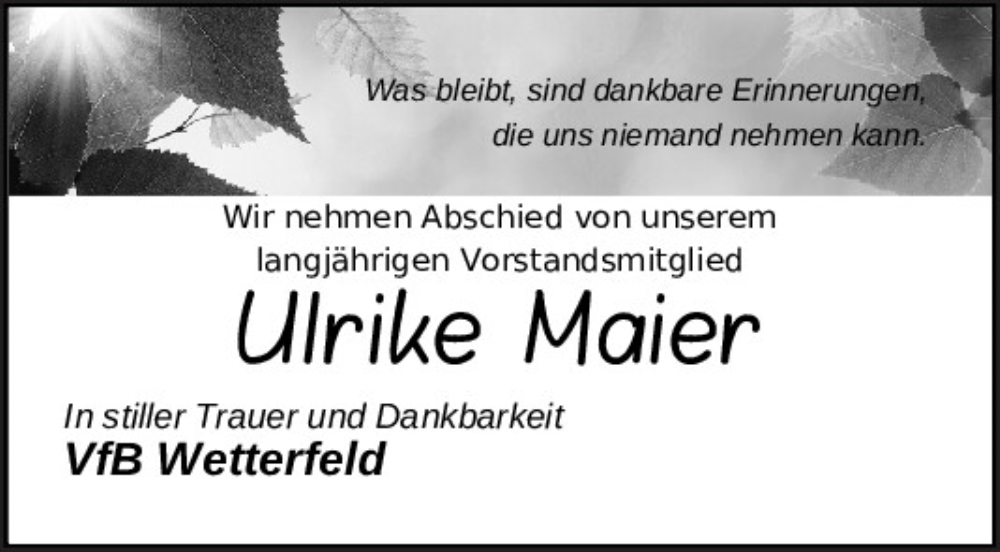 Traueranzeige für Ulrike Maier vom 27.02.2025 aus Bayerwald Echo
