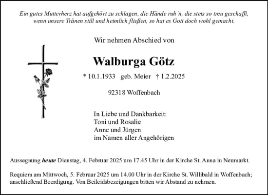 Traueranzeige von Walburga Götz von Neumarkter Tagblatt