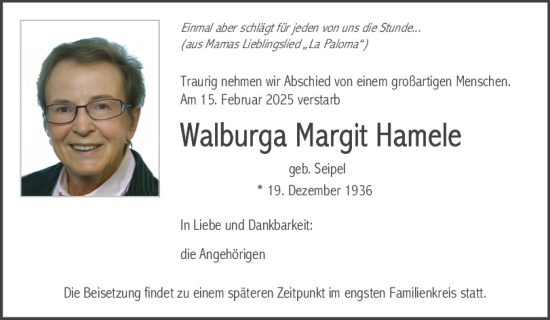 Traueranzeige von Walburga Hamele von Neumarkter Tagblatt