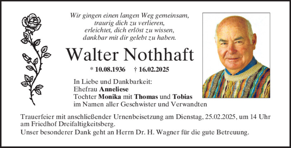  Traueranzeige für Walter Nothhaft vom 22.02.2025 aus Mittelbayerische Zeitung Regensburg