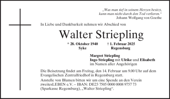 Traueranzeige von Walter Striepling von Mittelbayerische Zeitung Regensburg