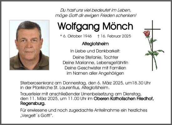 Traueranzeige von Wolfgang Mönch von Mittelbayerische Zeitung Regensburg