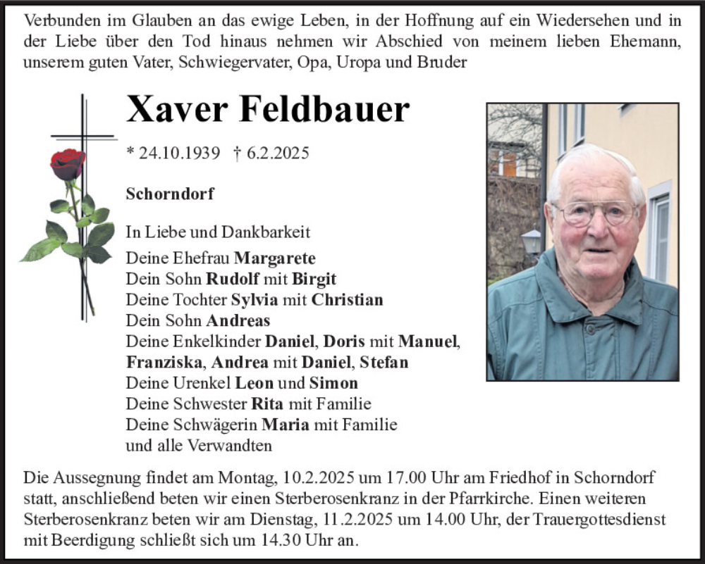  Traueranzeige für Xaver Feldbauer vom 08.02.2025 aus Bayerwald Echo