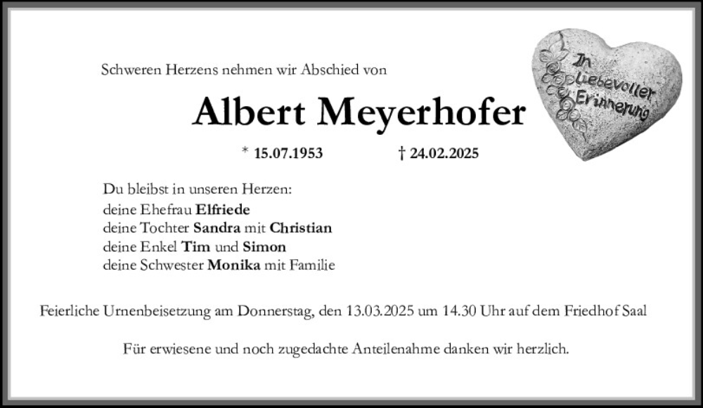  Traueranzeige für Albert Meyerhofer vom 08.03.2025 aus Mittelbayerische Zeitung Kelheim