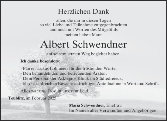 Traueranzeige von Albert Schwendner von Mittelbayerische Zeitung Schwandorf