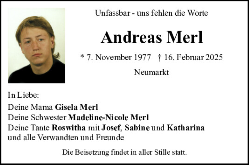  Traueranzeige für Andreas Merl vom 05.03.2025 aus Neumarkter Tagblatt