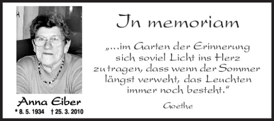 Traueranzeige von Anna Eiber von Bayerwald Echo