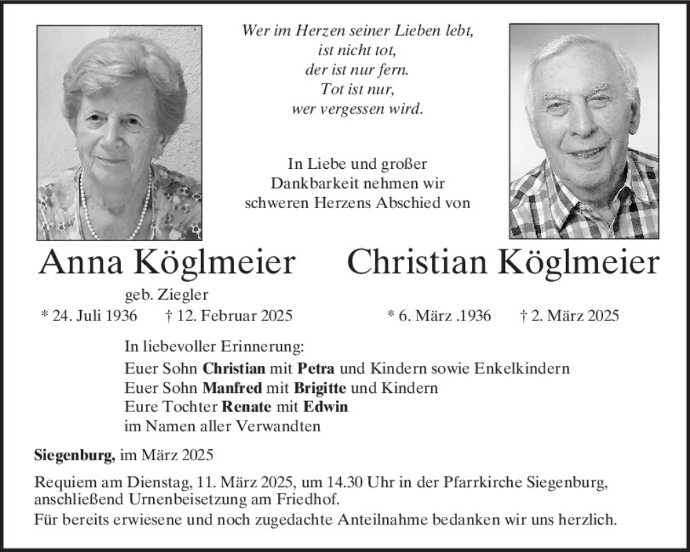  Traueranzeige für Anna Köglmeier vom 08.03.2025 aus Mittelbayerische Zeitung Kelheim