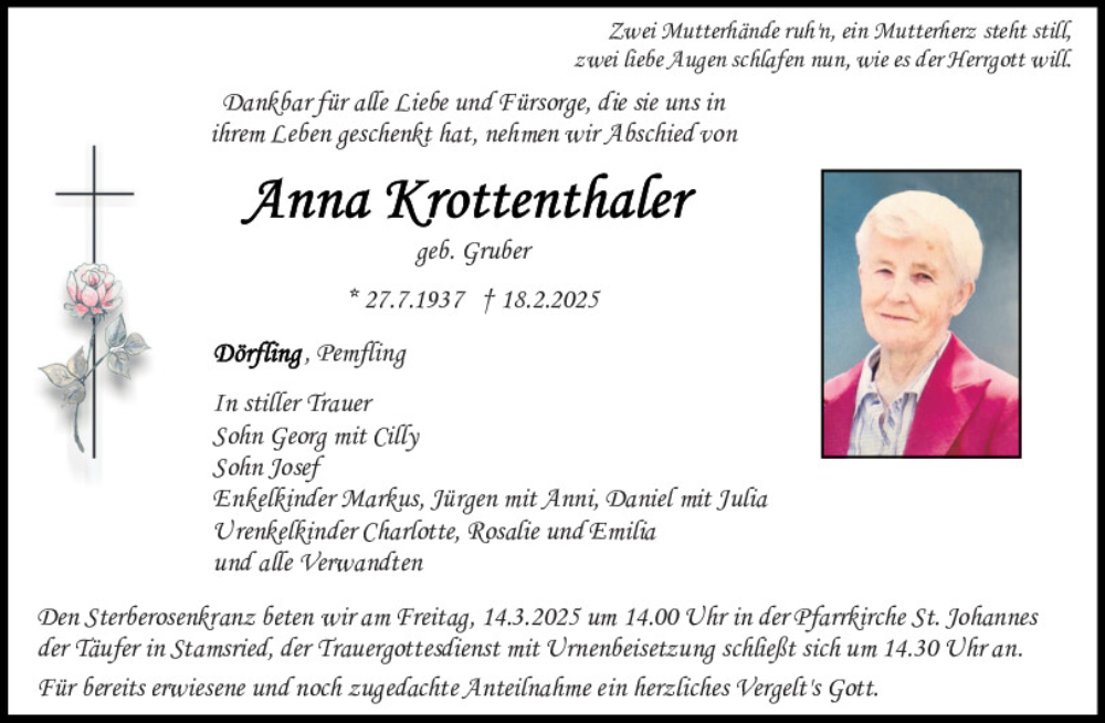  Traueranzeige für Anna Krottenthaler vom 11.03.2025 aus Bayerwald Echo