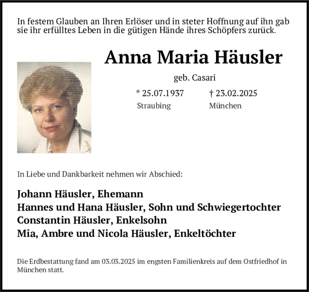  Traueranzeige für Anna-Maria Häusler vom 08.03.2025 aus Mittelbayerische Zeitung Regensburg