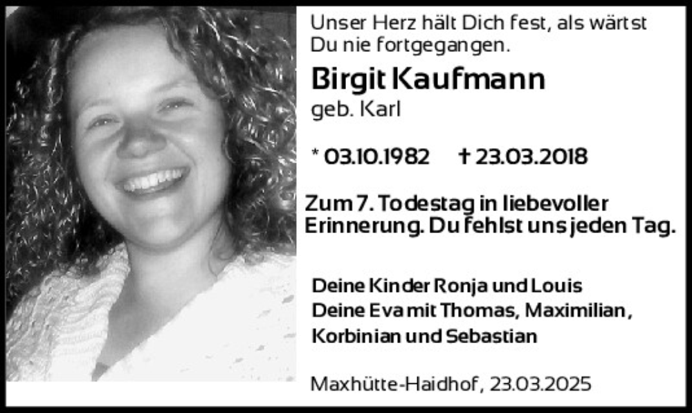  Traueranzeige für Birgit Kaufmann vom 22.03.2025 aus Mittelbayerische Zeitung Schwandorf