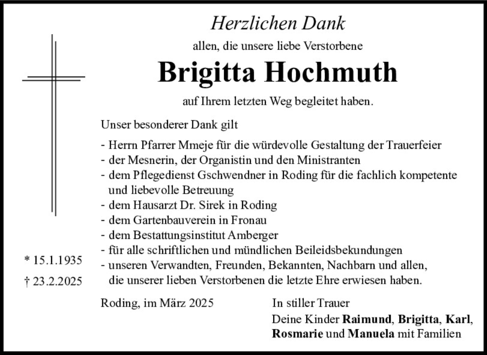  Traueranzeige für Brigitta Hochmuth vom 08.03.2025 aus Bayerwald Echo
