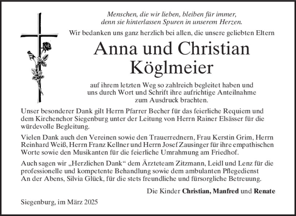  Traueranzeige für Christian Köglmeier vom 22.03.2025 aus Mittelbayerische Zeitung Kelheim