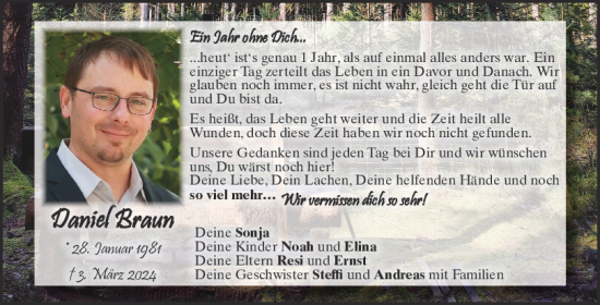 Traueranzeige von Daniel Braun von Mittelbayerische Zeitung Schwandorf