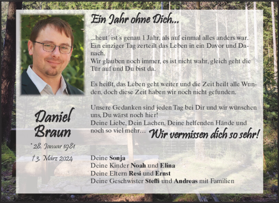 Traueranzeige von Daniel Braun von Bayerwald Echo