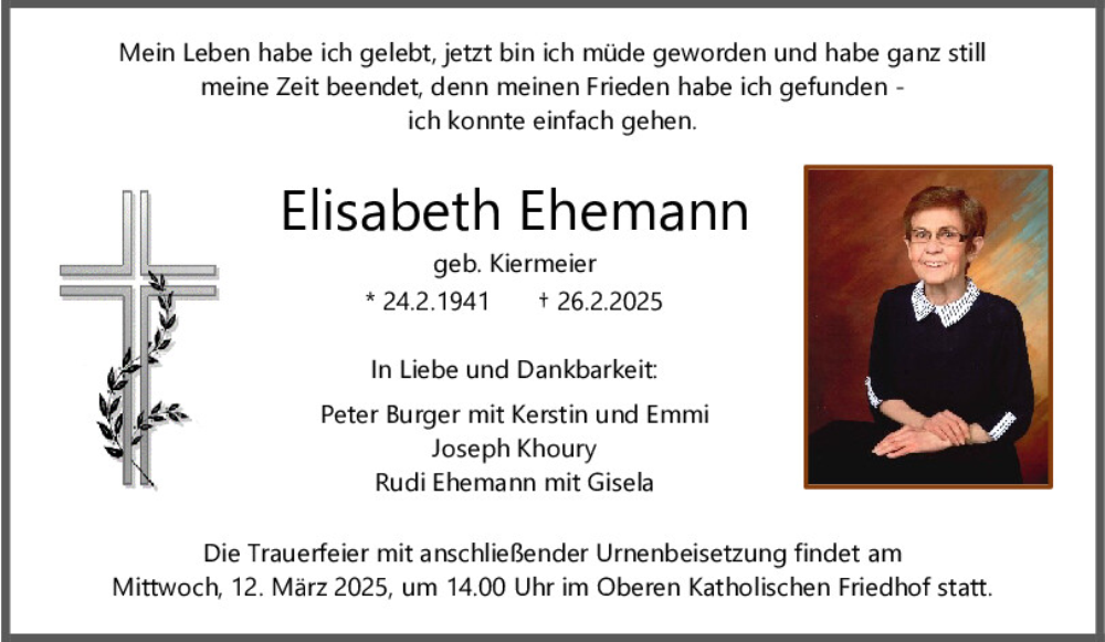  Traueranzeige für Elisabeth Ehemann vom 08.03.2025 aus Mittelbayerische Zeitung Regensburg