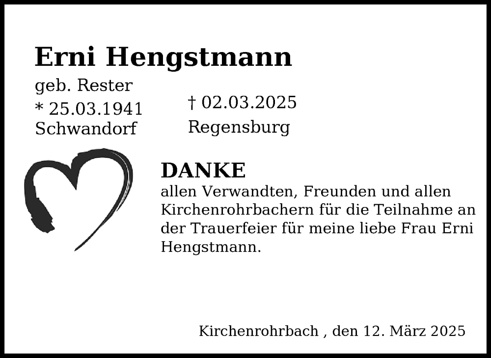  Traueranzeige für Erni Hengstmann vom 13.03.2025 aus Mittelbayerische Zeitung Schwandorf