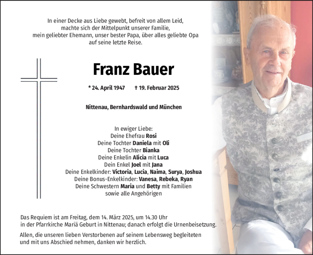  Traueranzeige für Franz Bauer vom 08.03.2025 aus Mittelbayerische Zeitung Regensburg