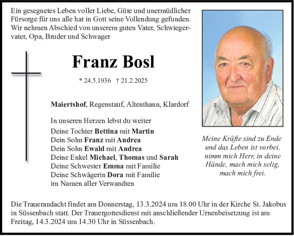  Traueranzeige für Franz Bosl vom 10.03.2025 aus Bayerwald Echo