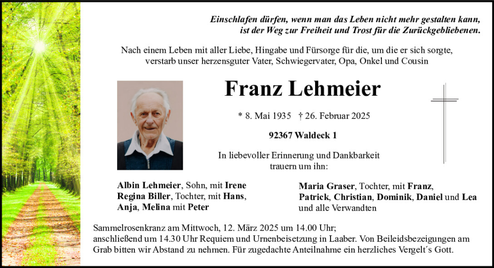  Traueranzeige für Franz Lehmeier vom 08.03.2025 aus Neumarkter Tagblatt