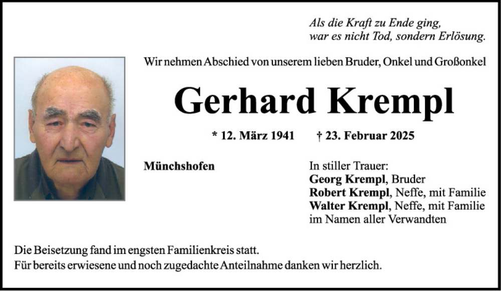  Traueranzeige für Gerhard Krempl vom 08.03.2025 aus Mittelbayerische Zeitung Schwandorf