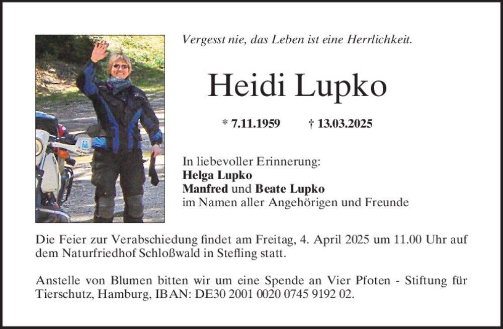  Traueranzeige für Heidi Lupko vom 26.03.2025 aus Mittelbayerische Zeitung Schwandorf