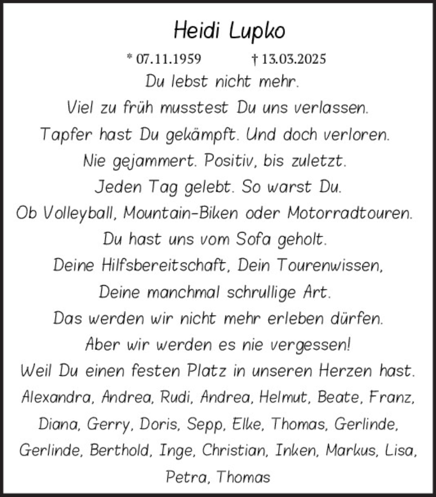  Traueranzeige für Heidi Lupko vom 29.03.2025 aus Mittelbayerische Zeitung Schwandorf