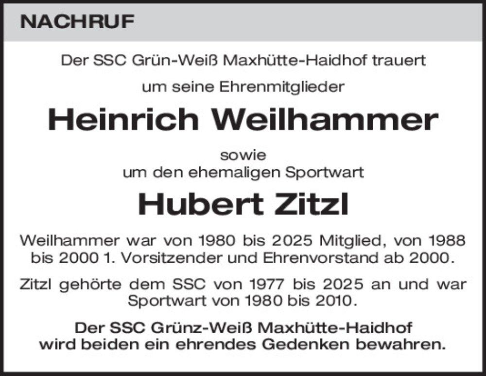  Traueranzeige für Heinrich Weilhammer vom 17.03.2025 aus Mittelbayerische Zeitung Schwandorf