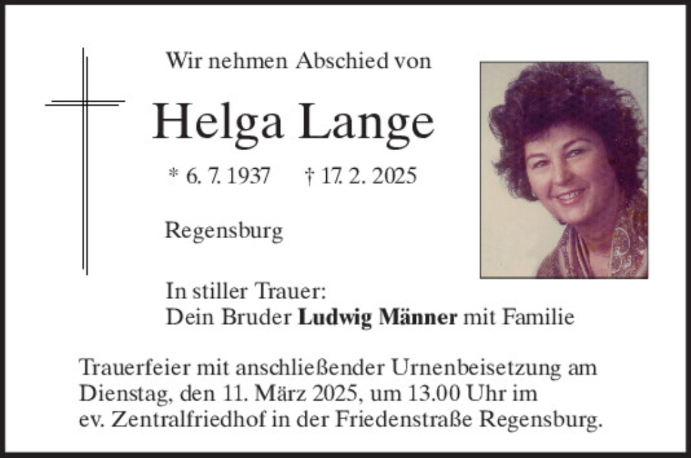  Traueranzeige für Helga Lange vom 08.03.2025 aus Mittelbayerische Zeitung Regensburg
