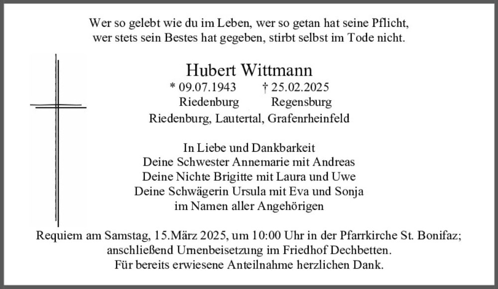  Traueranzeige für Hubert Wittmann vom 08.03.2025 aus Mittelbayerische Zeitung Regensburg