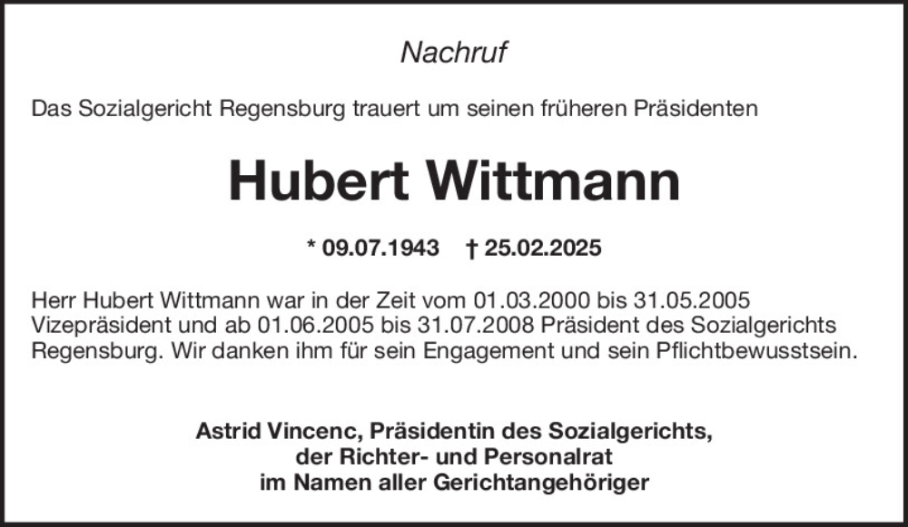 Traueranzeige für Hubert Wittmann vom 14.03.2025 aus Mittelbayerische Zeitung Regensburg