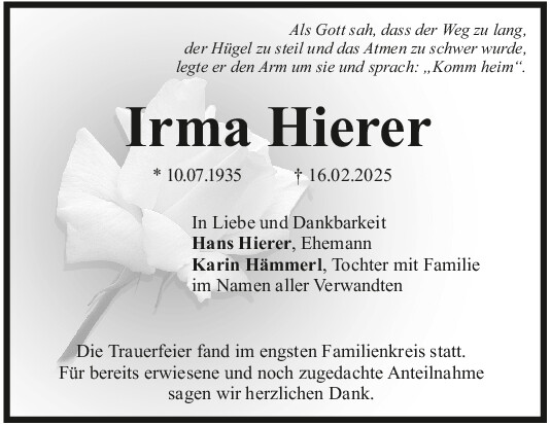 Traueranzeige von Irma Hierer von Mittelbayerische Zeitung Kelheim