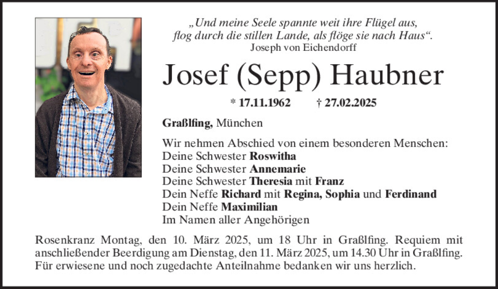  Traueranzeige für Josef (Sepp) Haubner vom 08.03.2025 aus Mittelbayerische Zeitung Regensburg