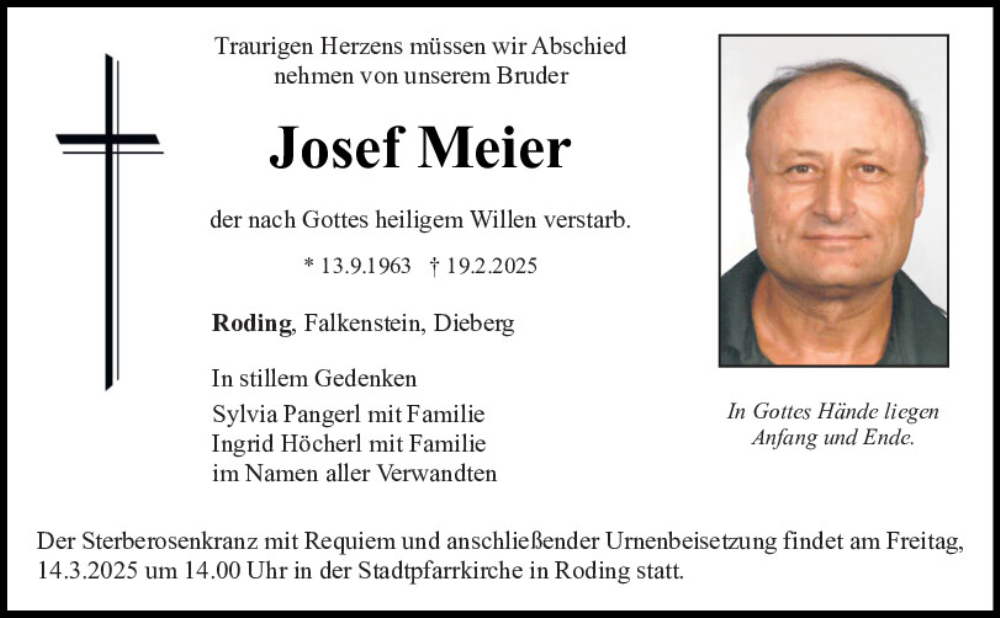  Traueranzeige für Josef Meier vom 11.03.2025 aus Bayerwald Echo