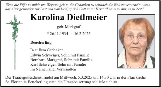 Traueranzeige von Karolina Dietlmeier von Bayerwald Echo
