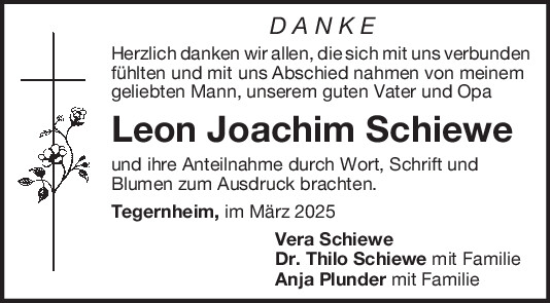 Traueranzeige von Leon Joachim Schiewe von Mittelbayerische Zeitung Regensburg