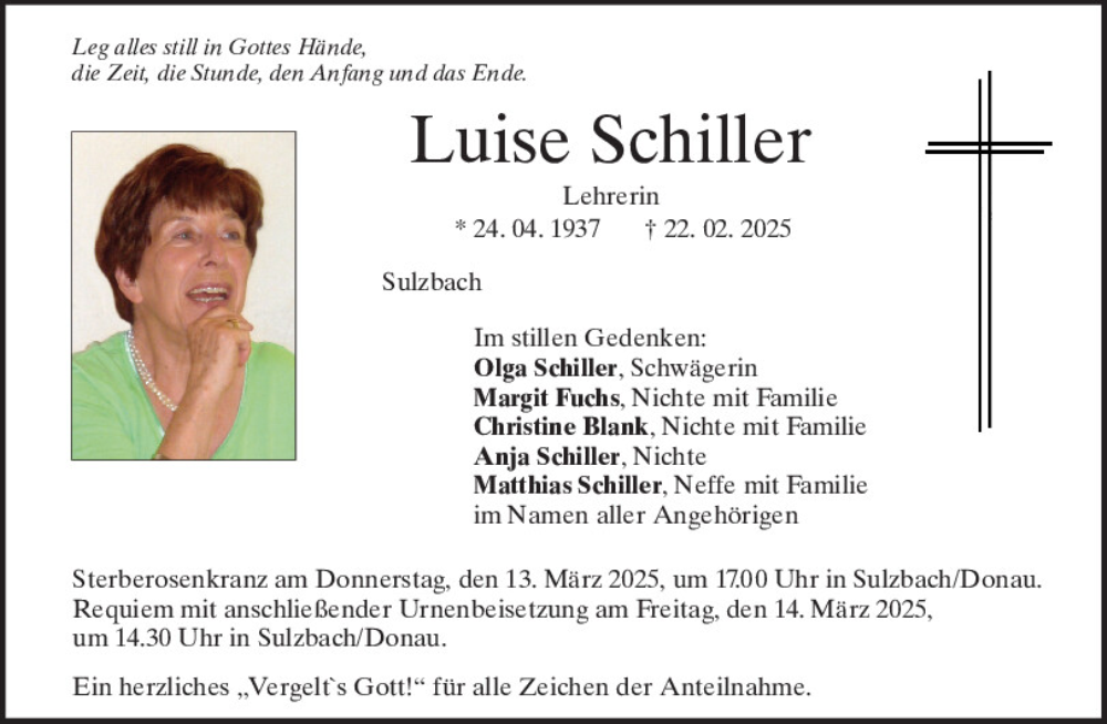  Traueranzeige für Luise Schiller vom 08.03.2025 aus Mittelbayerische Zeitung Regensburg