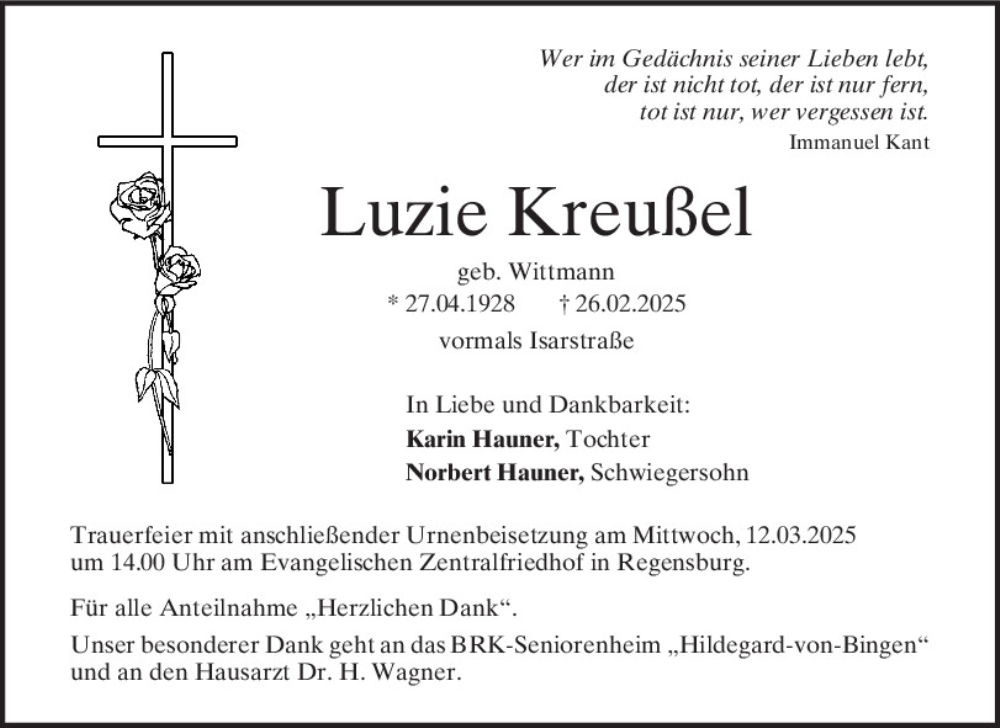  Traueranzeige für Luzie Kreußel vom 08.03.2025 aus Mittelbayerische Zeitung Regensburg
