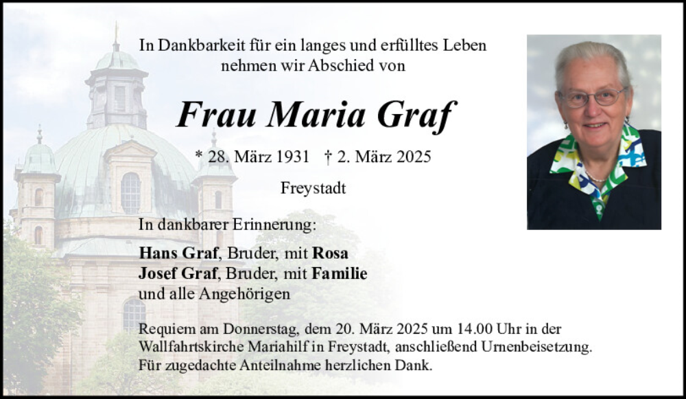  Traueranzeige für Maria Graf vom 15.03.2025 aus Neumarkter Tagblatt