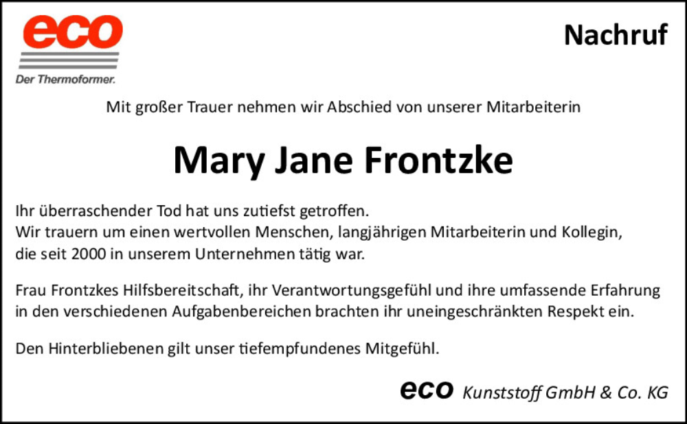  Traueranzeige für Mary Jane Frontzke vom 13.03.2025 aus Neumarkter Tagblatt
