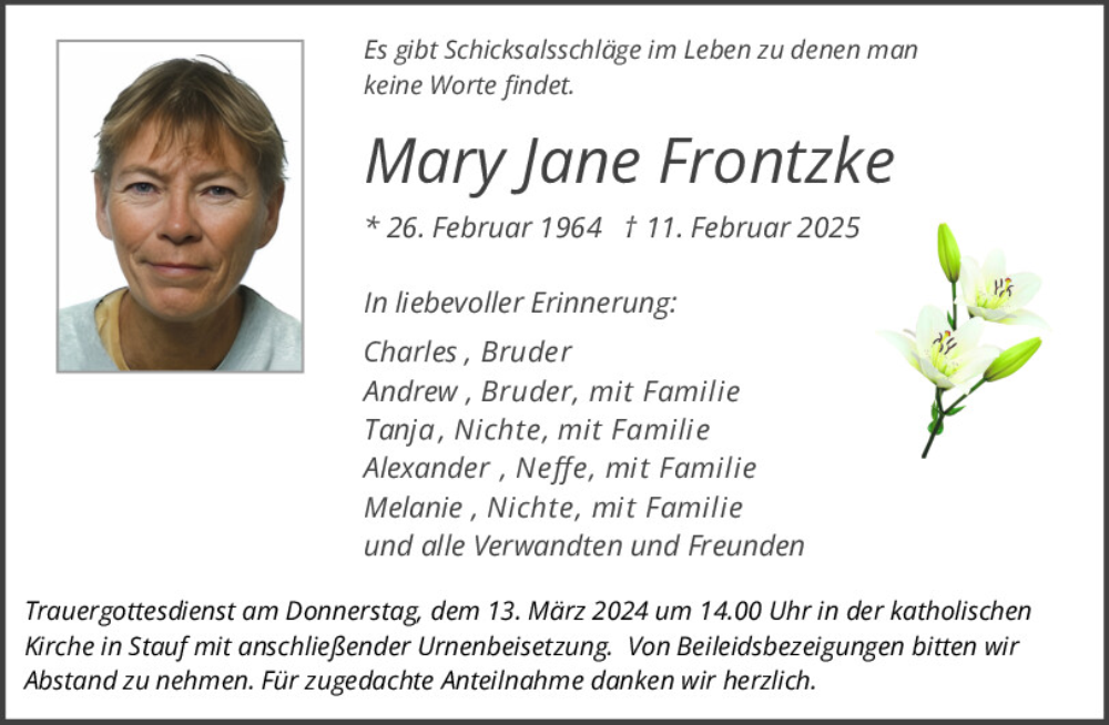  Traueranzeige für Mary Jane Frontzke vom 08.03.2025 aus Neumarkter Tagblatt