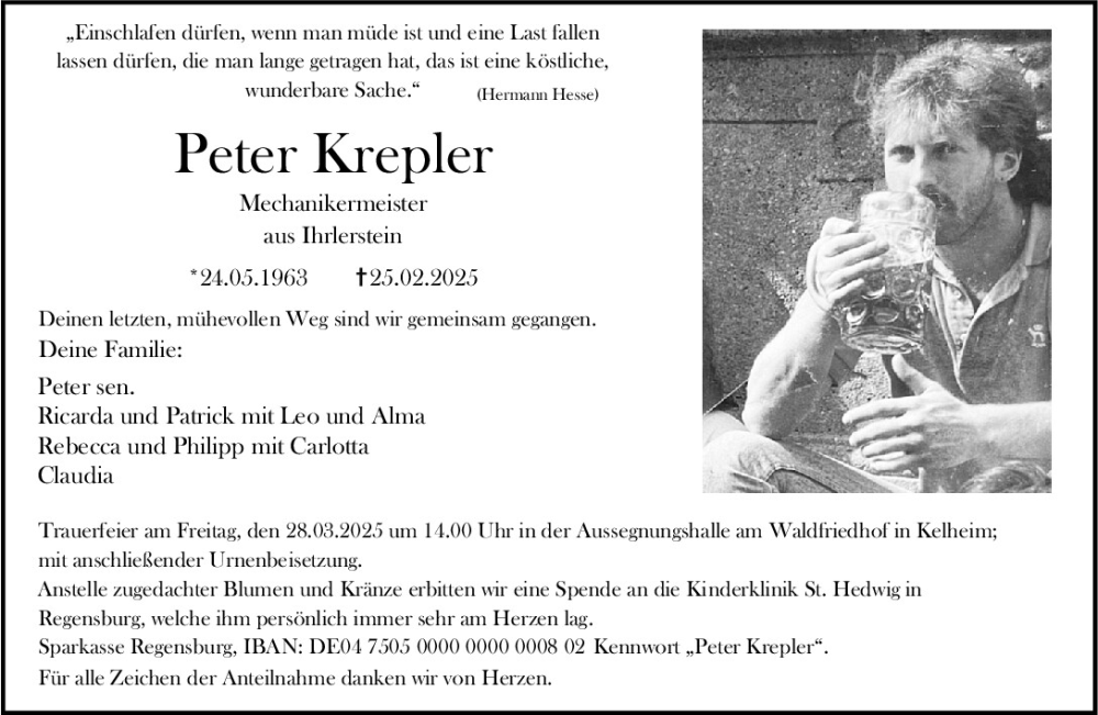  Traueranzeige für Peter Krepler vom 08.03.2025 aus Mittelbayerische Zeitung Kelheim
