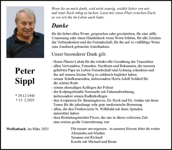 Traueranzeige von Peter Sippl von Neumarkter Tagblatt