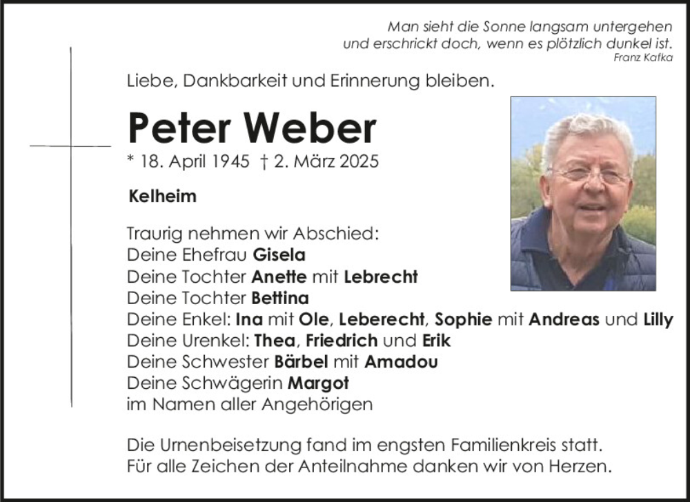  Traueranzeige für Peter Weber vom 19.03.2025 aus Mittelbayerische Zeitung Kelheim