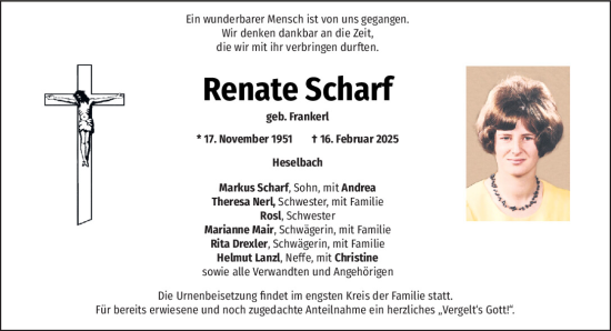 Traueranzeige von Renate Scharf von Mittelbayerische Zeitung Schwandorf