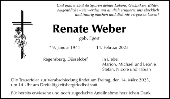 Traueranzeige von Renate Weber von Mittelbayerische Zeitung Regensburg