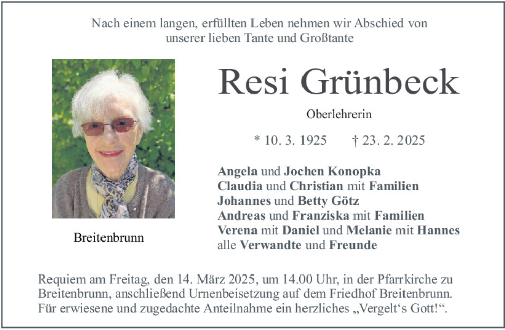  Traueranzeige für Resi Grünbeck vom 08.03.2025 aus Neumarkter Tagblatt